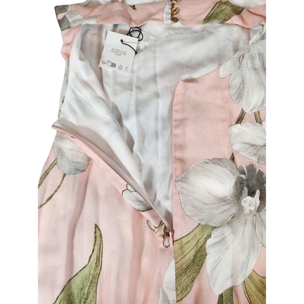 ZARA NWOT‎ floral printed midi linen blend dress XSmall side slit gathered front - Picture 9 of 13